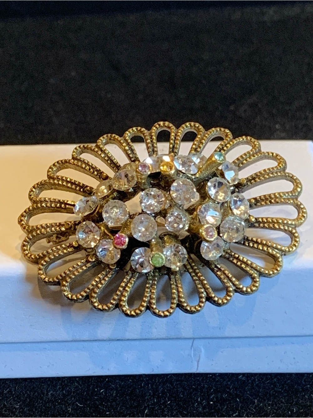 Vintage Hollycraft Style Confetti Rhinestone Brooch Pastel Gold Tone
